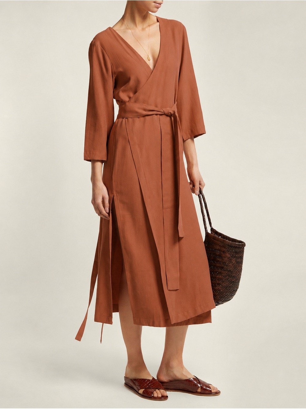Haight Heart V-Neck Wrap Crepe Midi Dress Sz L